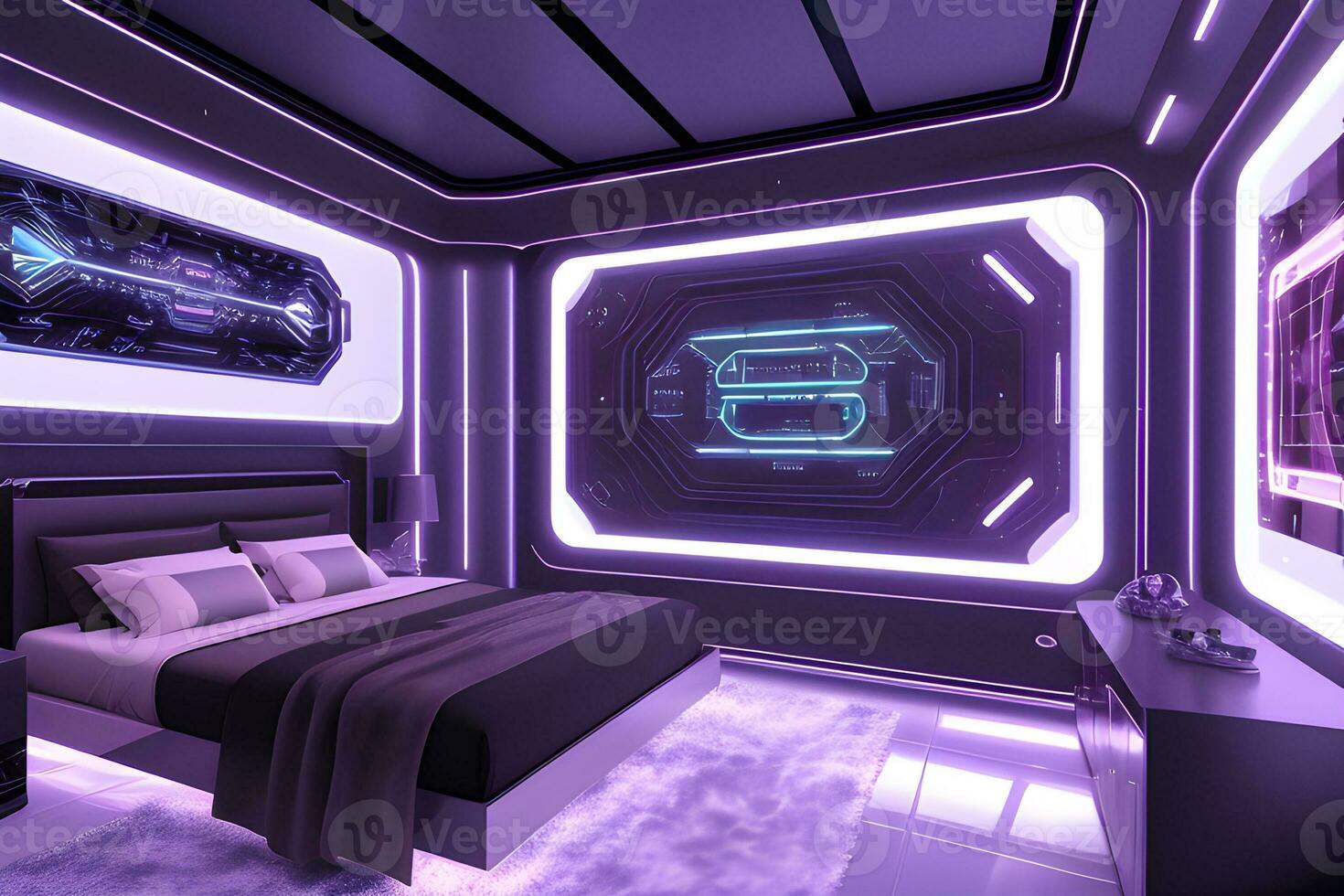 futurista alto tecnología lujo cyberpunk ciencia fi vivo habitación moderno interior dormitorio, ai generativo foto