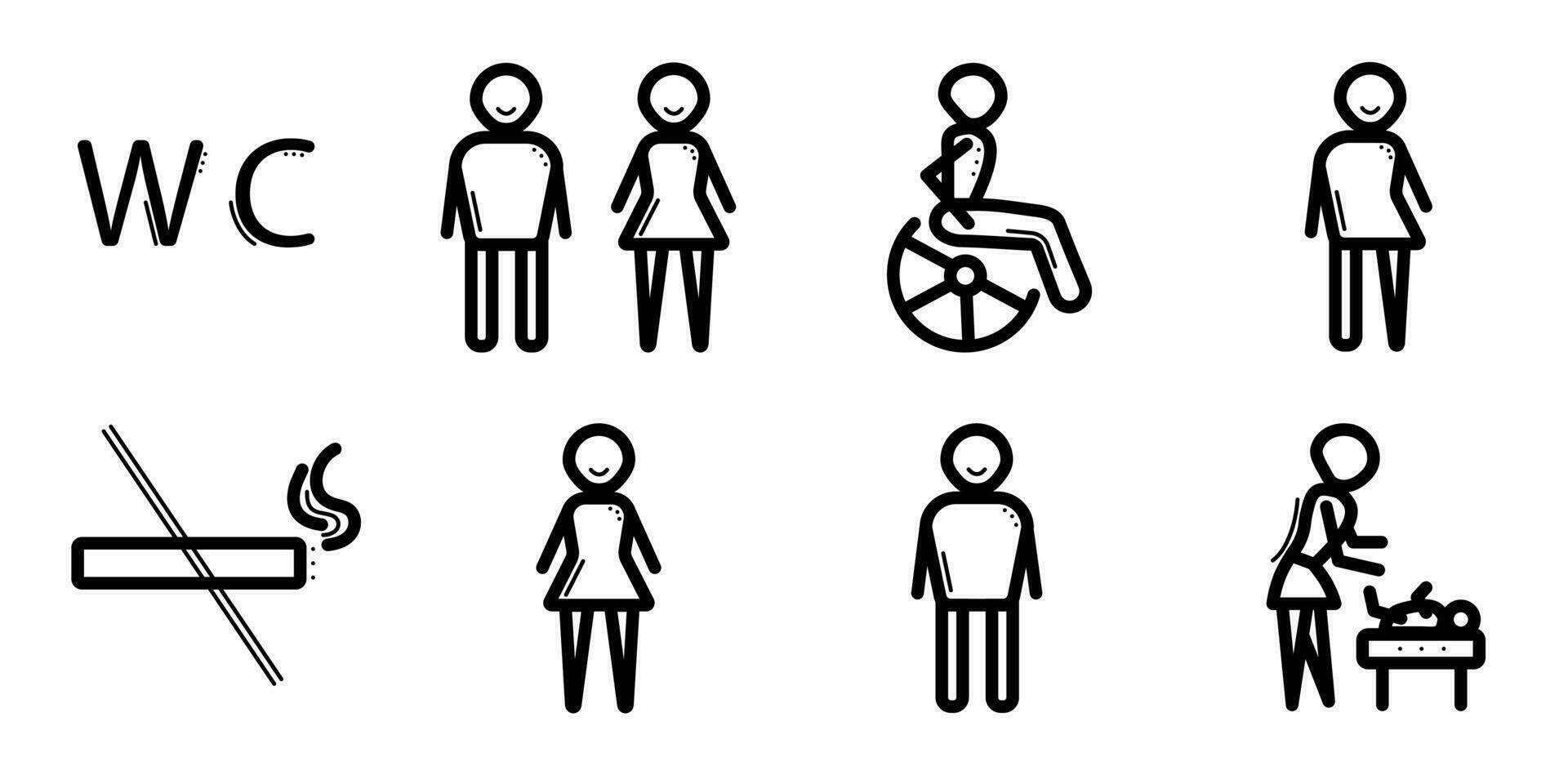 Creative wc and toilet black line icon set in vector format, unusual restroom symbols, original outline bathroom signs