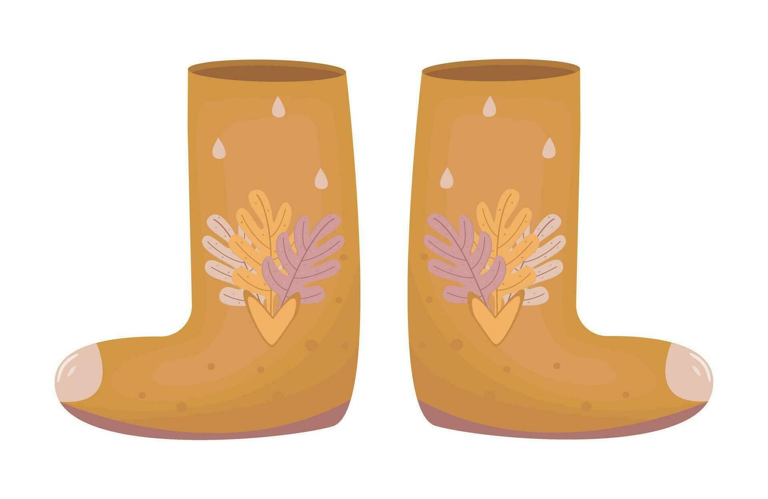 Orange autumn rubber boots, ginger fall shoes with leaves, color vector illustration in boho style