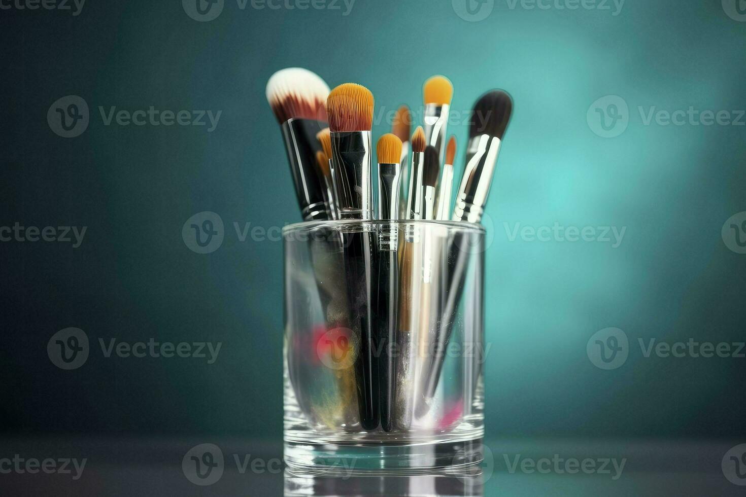Cosmetic brushes in a glass. Professional makeup brushes set for make up artist, cosmetics, make up theme. Generative AI photo