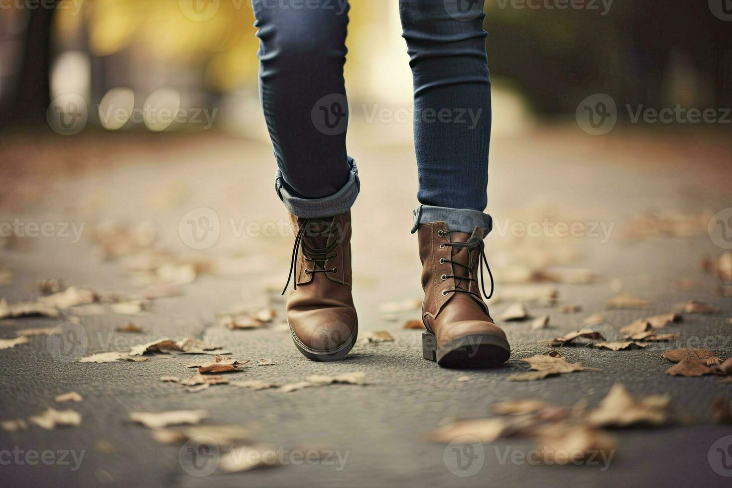 mujer en pantalones y botas caminando en otoño parque. de cerca de el pies. otoño Moda concepto, otoño tendencia. generativo ai foto