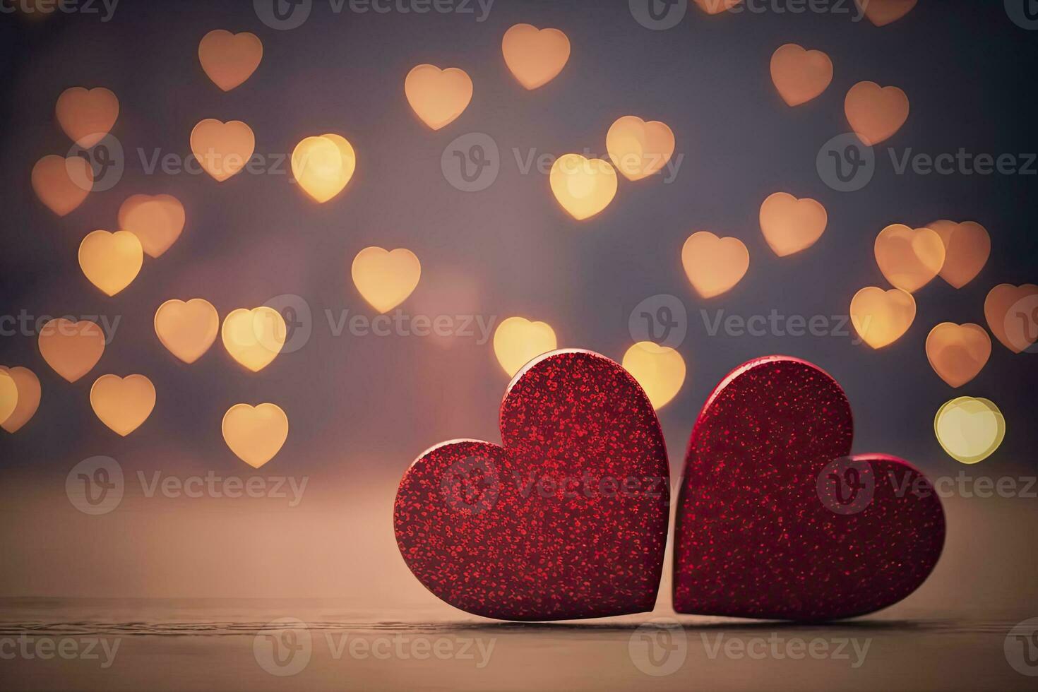 Bokeh love. Two red hearts on bokeh background. The red heart shapes on abstract light glitter background in love concept for romantic moment. Generative AI photo