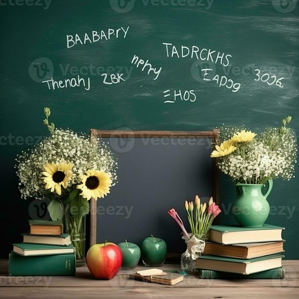 Teachers Day, Teachers Day composition with flowers, books high quality ai generated image photo