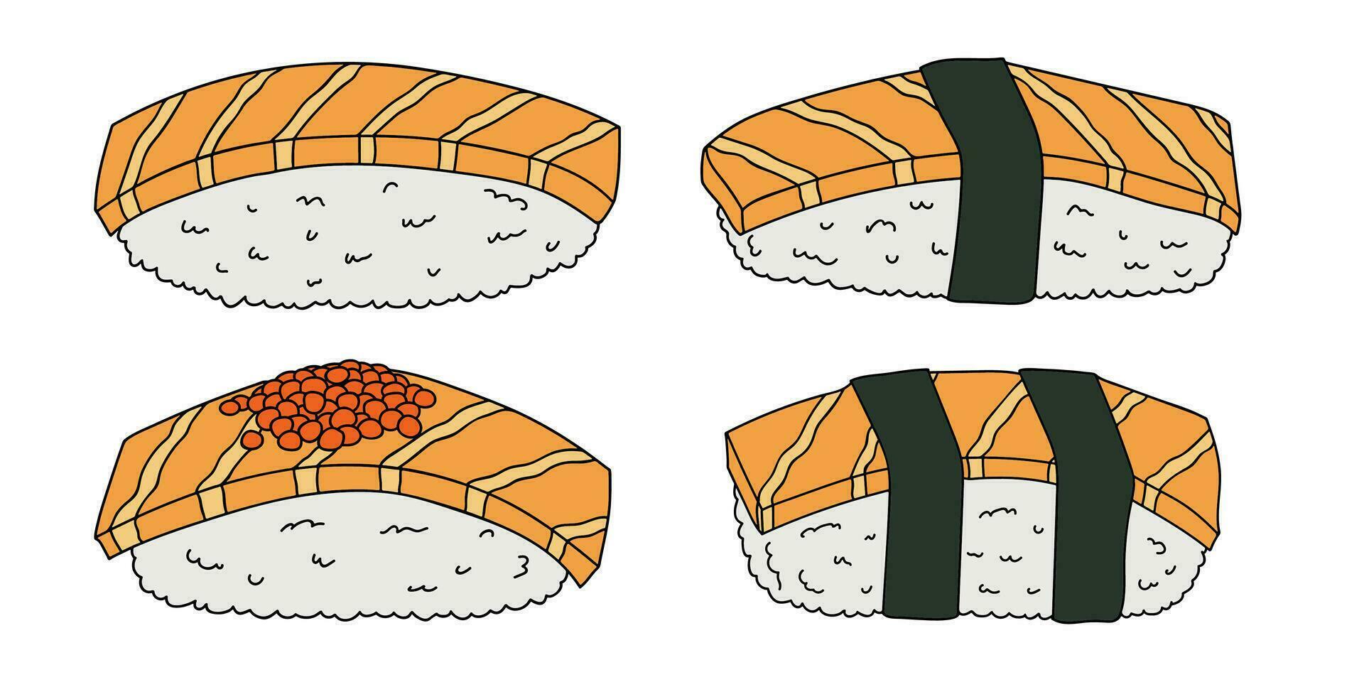 conjunto de imágenes prediseñadas de sushi dibujado a mano. platos de la cocina tradicional japonesa. comida asiática vector