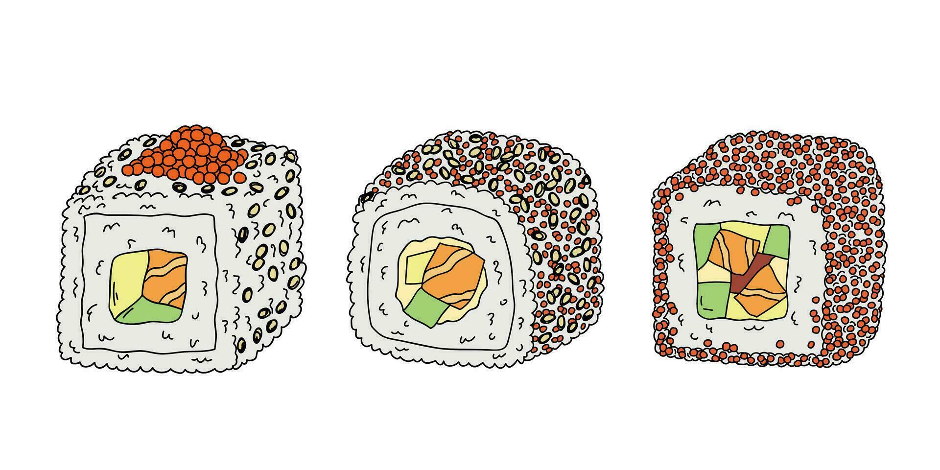 conjunto de imágenes prediseñadas de rollo de sushi dibujado a mano. platos de la cocina tradicional japonesa. comida asiática vector