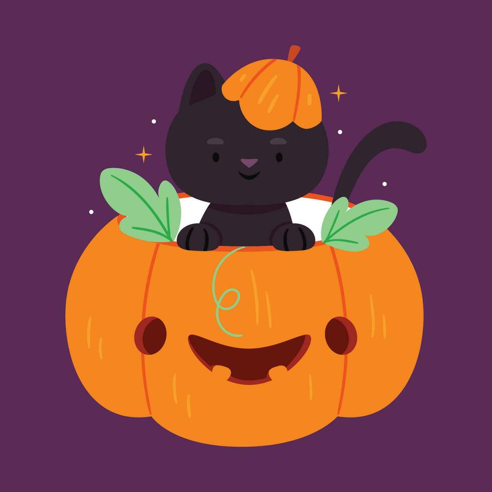 Black cat sitting in a Halloween pumpkin.Halloween.Autumn.Hand drawn style vector