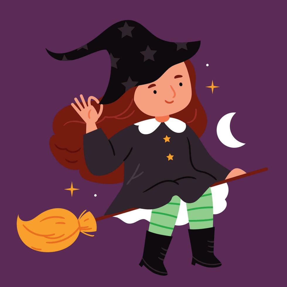 Cute little witch flying on a broom.Halloween.Autumn.Hand drawn style vector