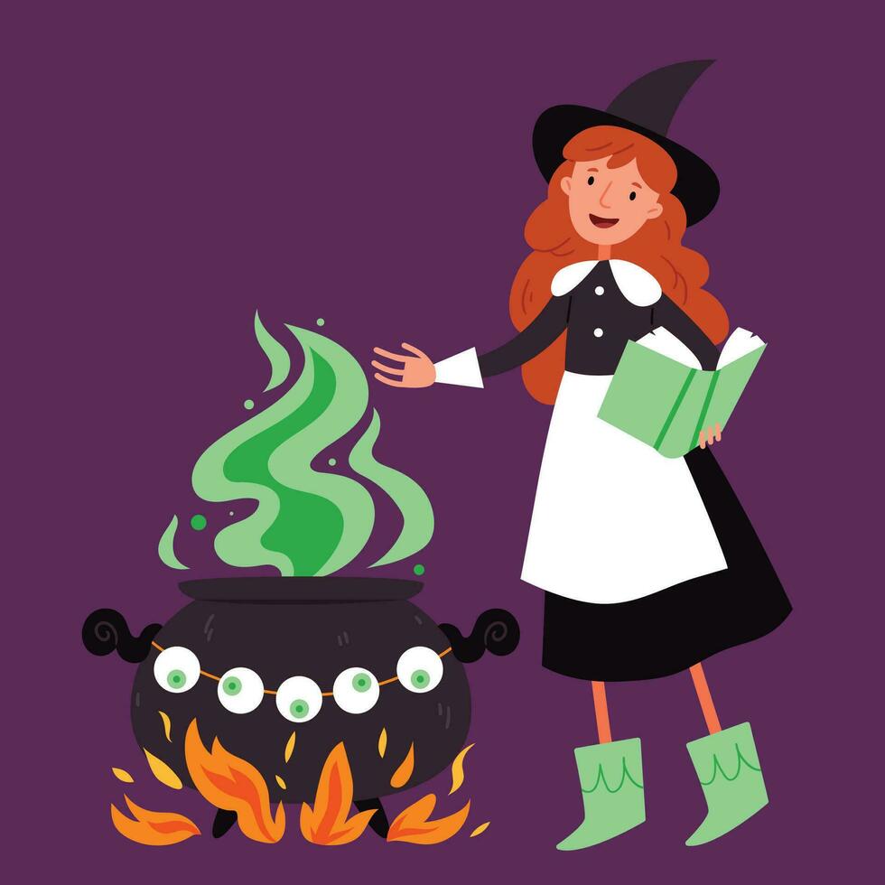 Cute witch is cooking a potion and looking at a book.Witch's cauldron.Halloween.Autumn.Hand drawn style vector