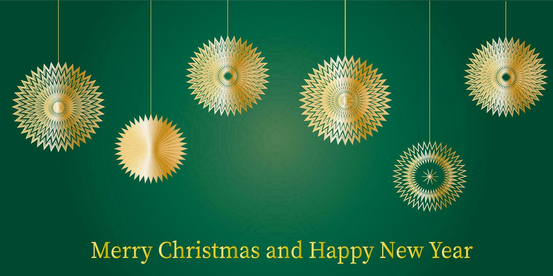 Merry Christmas and New Year green template golden snowflakes Christmas elements. Vector EPS10
