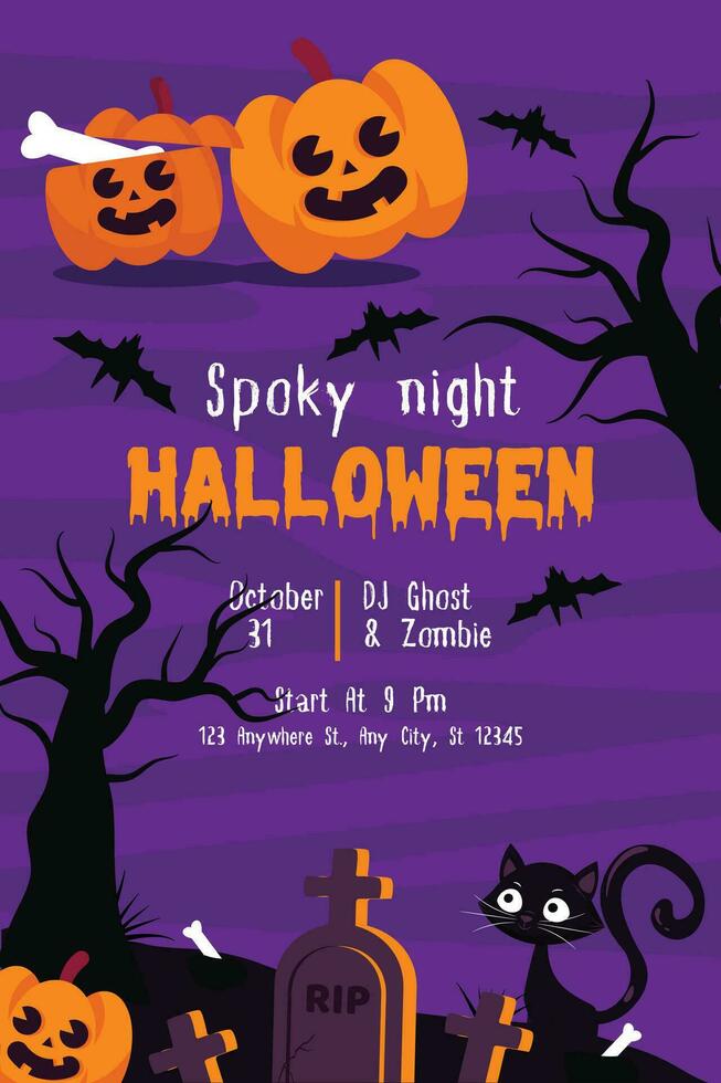 Halloween party invitation with scary pumpkin and a full moon, halloween illustration, Happy Halloween party poster vector, graveyard, candies and scary pumpkin vector