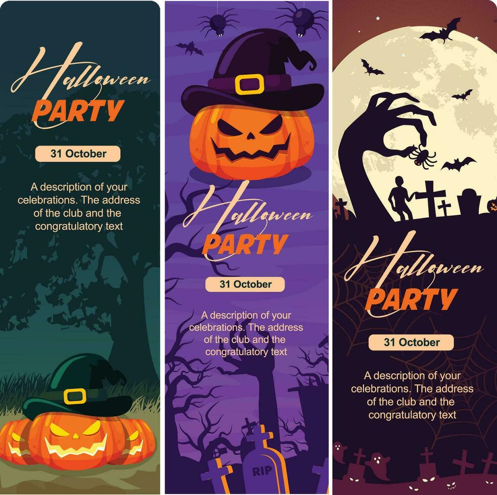 set of halloween banners vector, set of halloween banners, halloween banners set, Halloween Banners with the characters on the background. Night autumn landscape vector