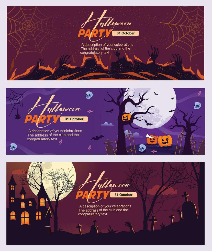 set of halloween banners vector, set of halloween banners, halloween banners set, Halloween Banners with the characters on the background. Night autumn landscape vector