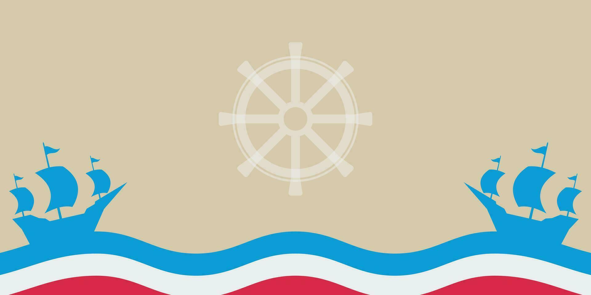 Columbus Day celebration background with ship silhouette icon and free copy space area. american flag color design, vector for banner, greeting card, poster, web, social media.