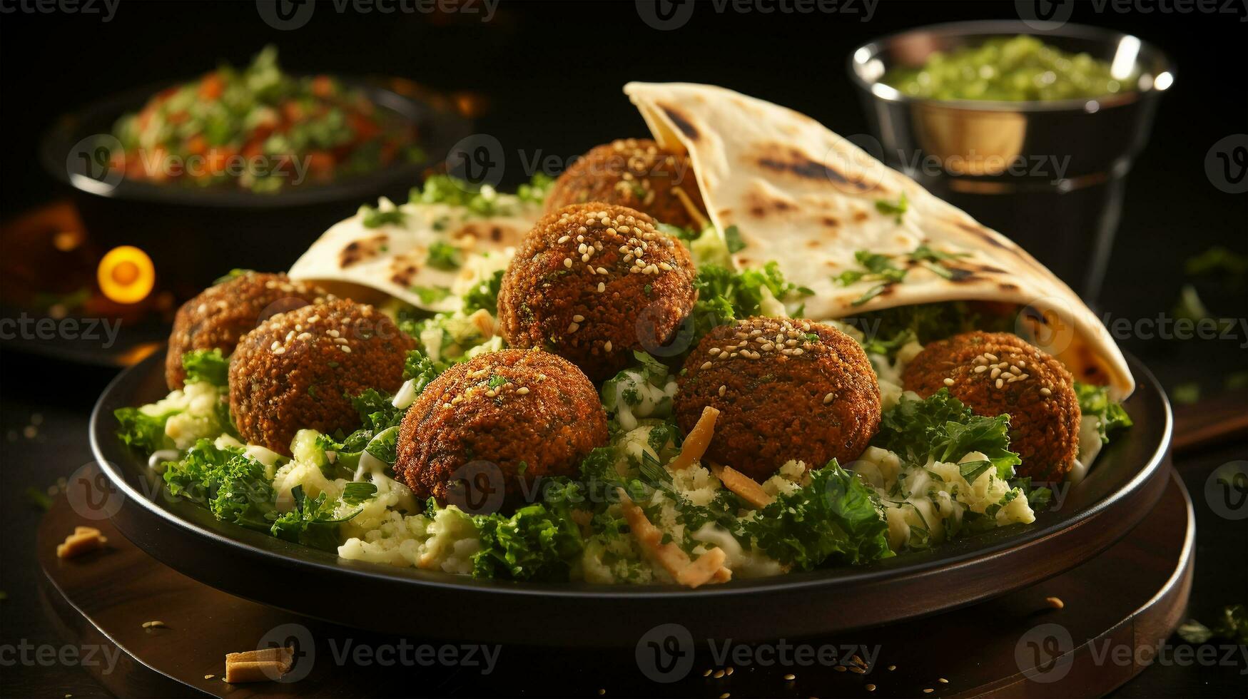 Large plate with falafel and salad on a dark background, restaurant concept, AI Generated photo