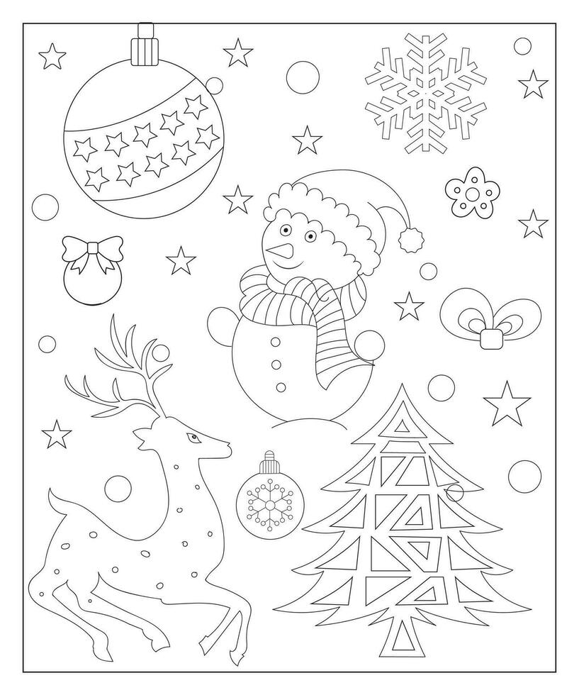 Coloring page of a decorated Christmas tree with gifts. Vector black and white illustration on white background.