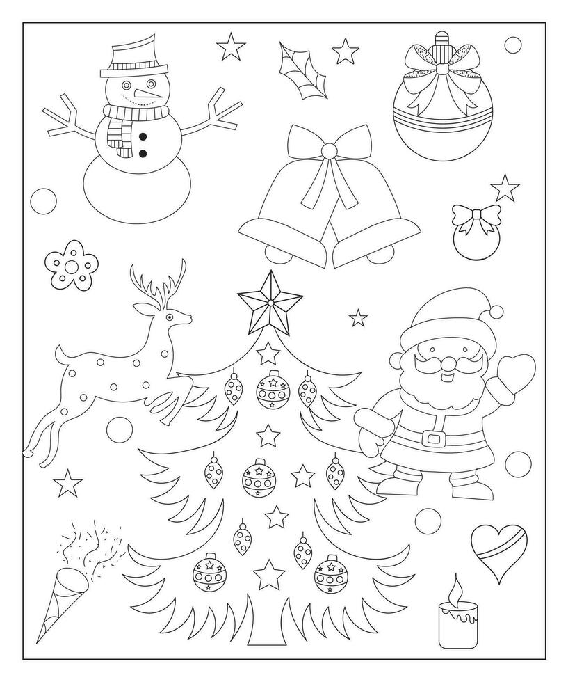 Coloring page of a decorated Christmas tree with gifts. Vector black and white illustration on white background.