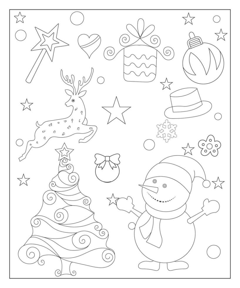 Coloring page of a decorated Christmas tree with gifts. Vector black and white illustration on white background.