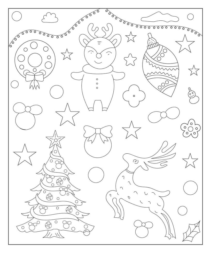 Coloring page of a decorated Christmas tree with gifts. Vector black and white illustration on white background.