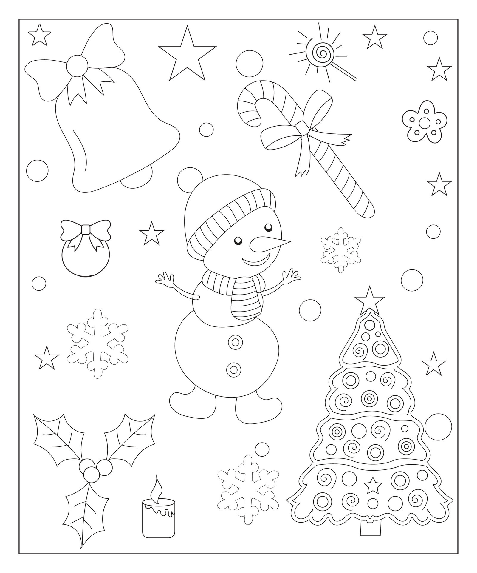 Coloring page of a decorated Christmas tree with gifts. Vector black ...