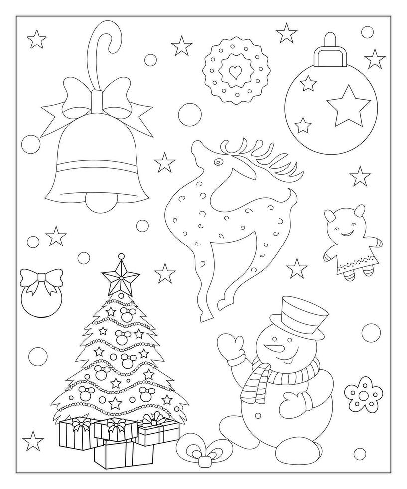 Coloring page of a decorated Christmas tree with gifts. Vector black and white illustration on white background.