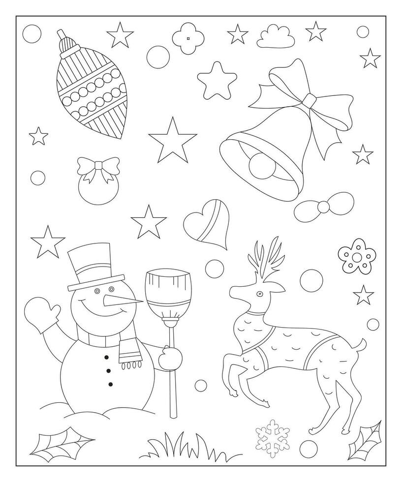 Coloring page of a decorated Christmas tree with gifts. Vector black and white illustration on white background.