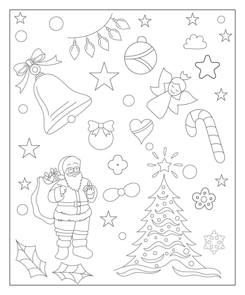 Coloring page of a decorated Christmas tree with gifts. Vector black and white illustration on white background.