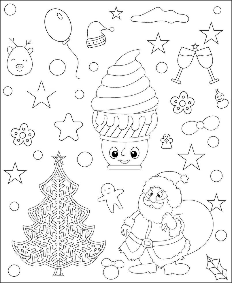 Coloring page of a decorated Christmas tree with gifts. Vector black and white illustration on white background.