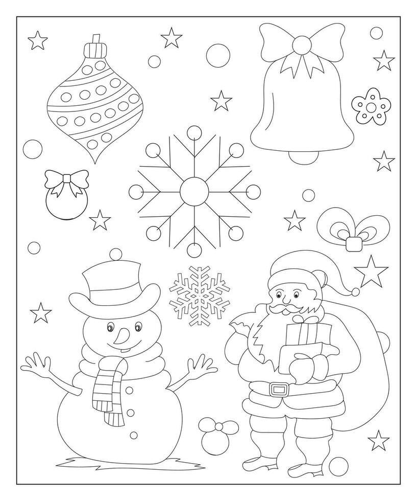 Coloring page of a decorated Christmas tree with gifts. Vector black and white illustration on white background.