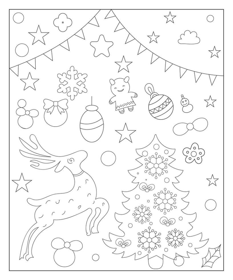 Coloring page of a decorated Christmas tree with gifts. Vector black and white illustration on white background.