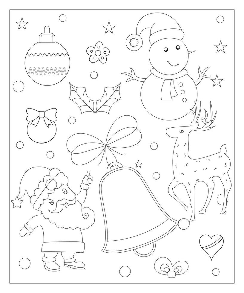 Coloring page of a decorated Christmas tree with gifts. Vector black and white illustration on white background.