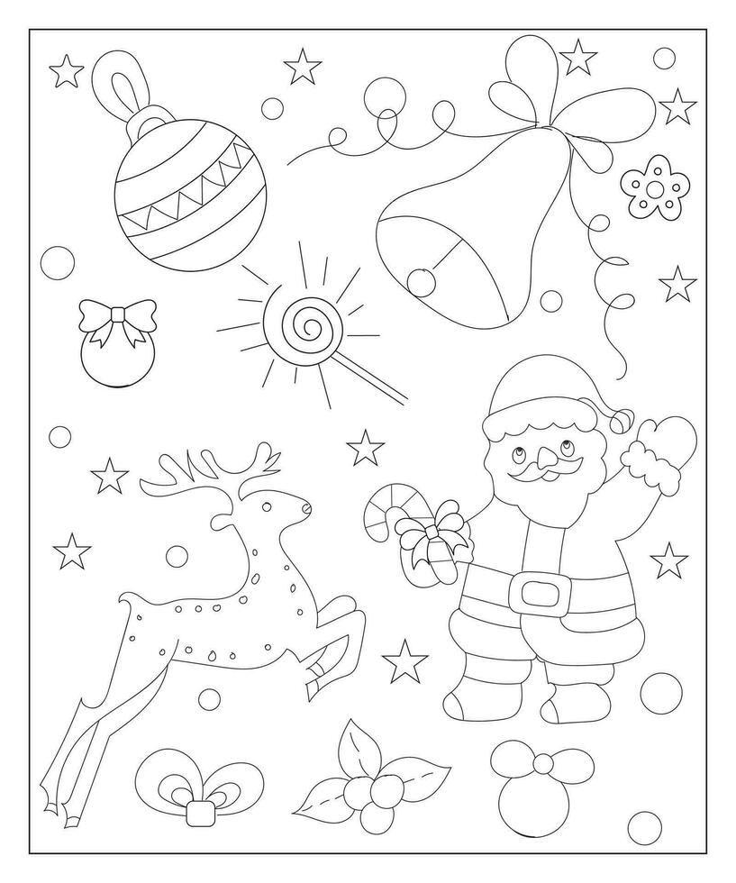 Coloring page of a decorated Christmas tree with gifts. Vector black and white illustration on white background.
