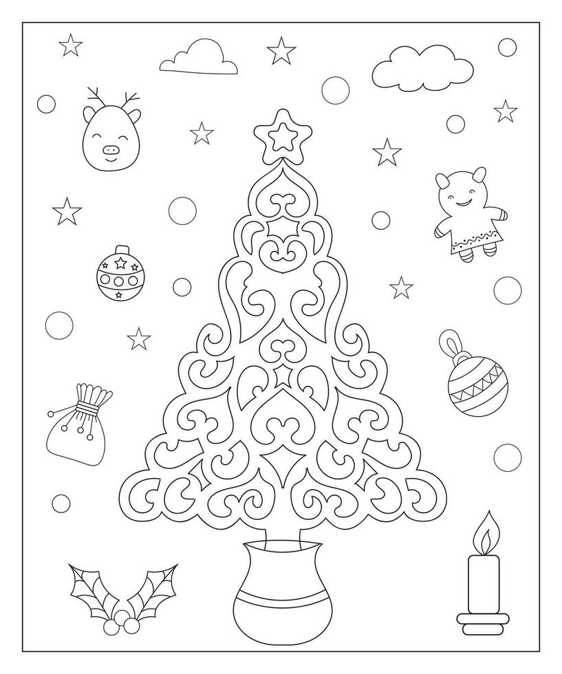 colorante página de un decorado Navidad árbol con regalos. vector negro y blanco ilustración en blanco antecedentes.