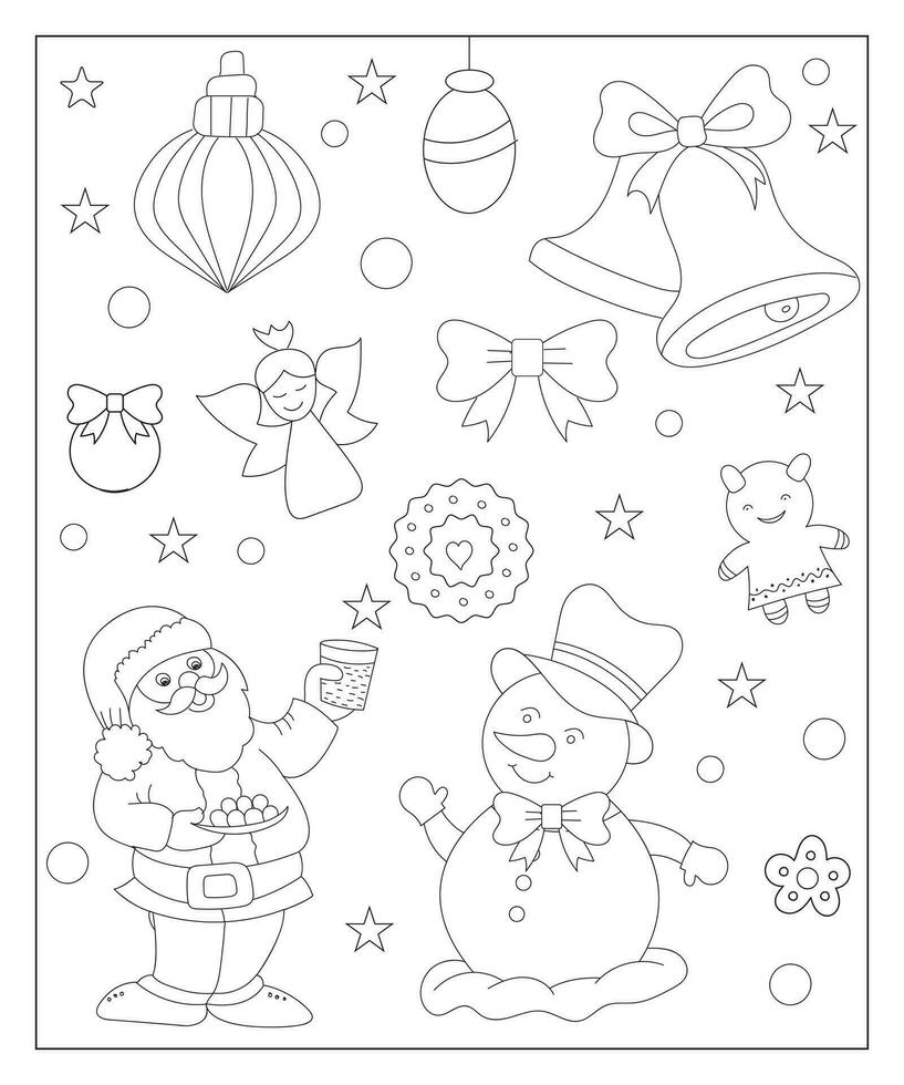 Coloring page of a decorated Christmas tree with gifts. Vector black and white illustration on white background.
