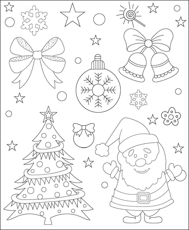 Coloring page of a decorated Christmas tree with gifts. Vector black and white illustration on white background.