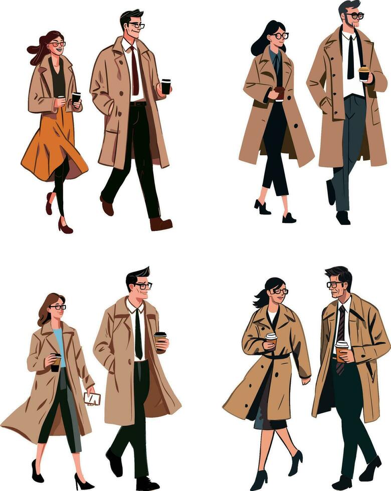 Set of trendy men and women in trench coats and glasses walking and drinking coffee. Vector illustration