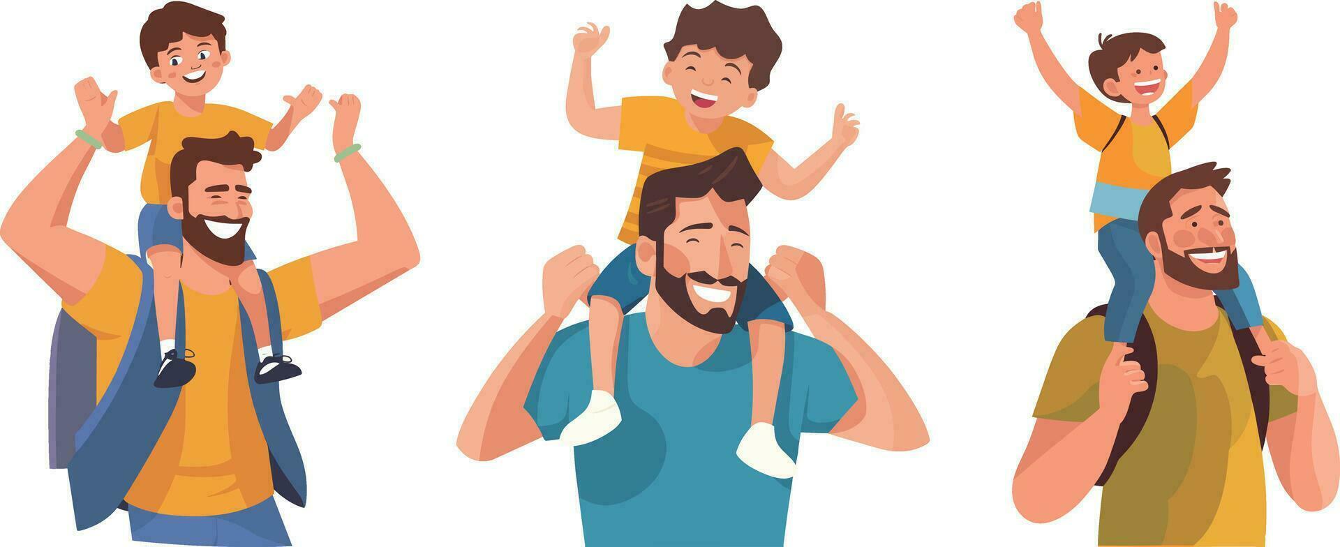 Fathers day. Dad and son spend time together. Dad carries his son on his shoulders. Vector illustrat