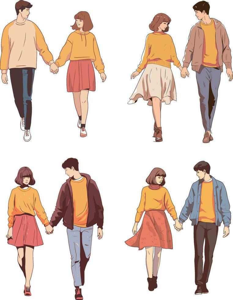 Set of young people in casual clothes walking and walking. Vector illustration.