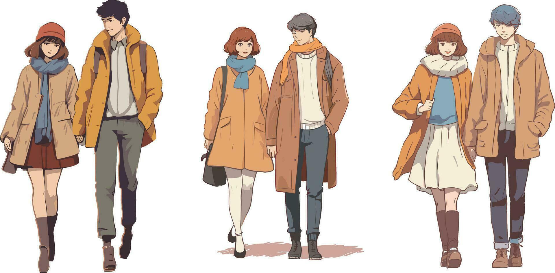 Fashionable young people in winter clothes. Vector illustration of men and women in warm clothing.