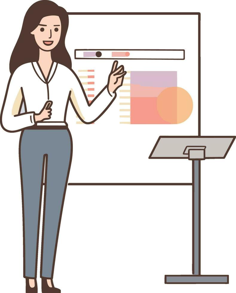 ilustración de un mujer de negocios haciendo un presentación en un pizarron vector