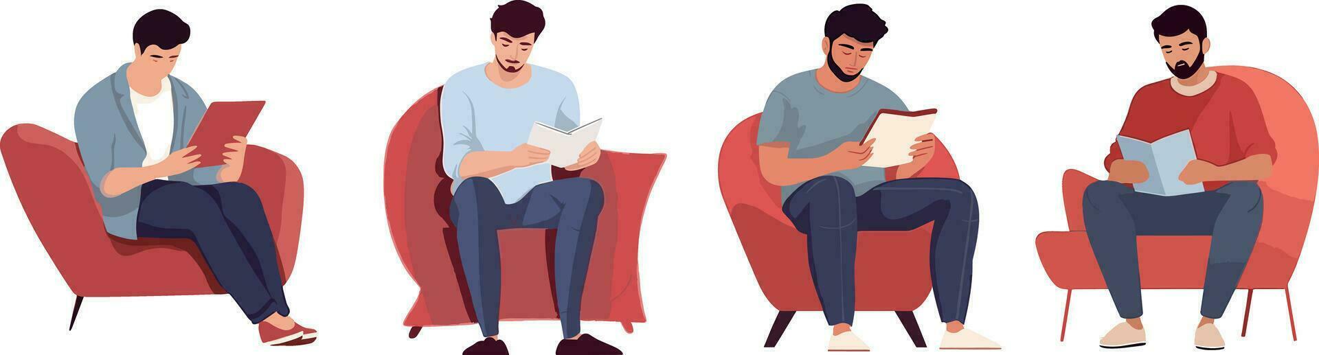 People sitting in armchairs, reading books, studying, studying. Vector illustration