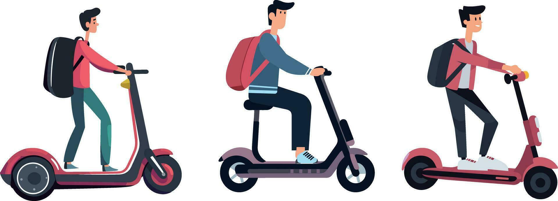 conjunto de joven hombre montando eléctrico scooter. vector ilustración en plano estilo