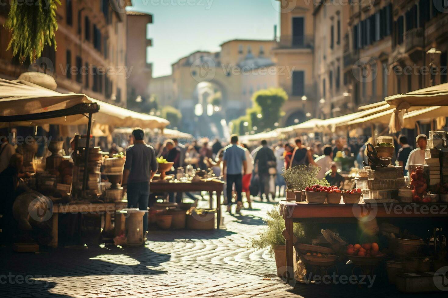 un foto de un bullicioso calle mercado en Roma ai generativo