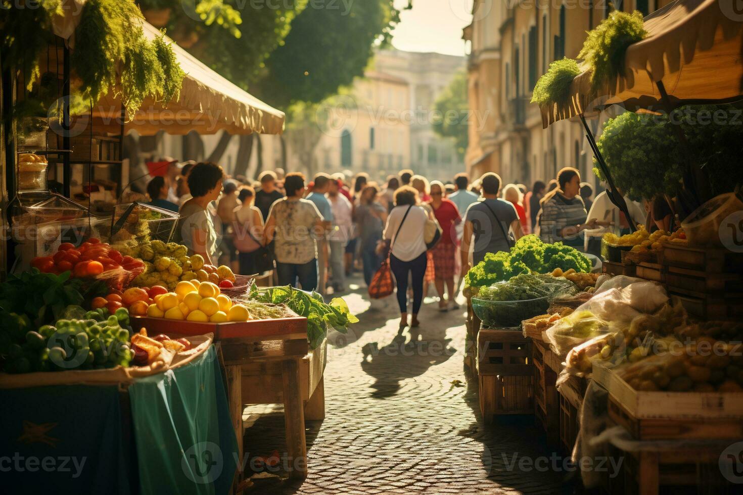 un foto de un bullicioso calle mercado en Roma ai generativo