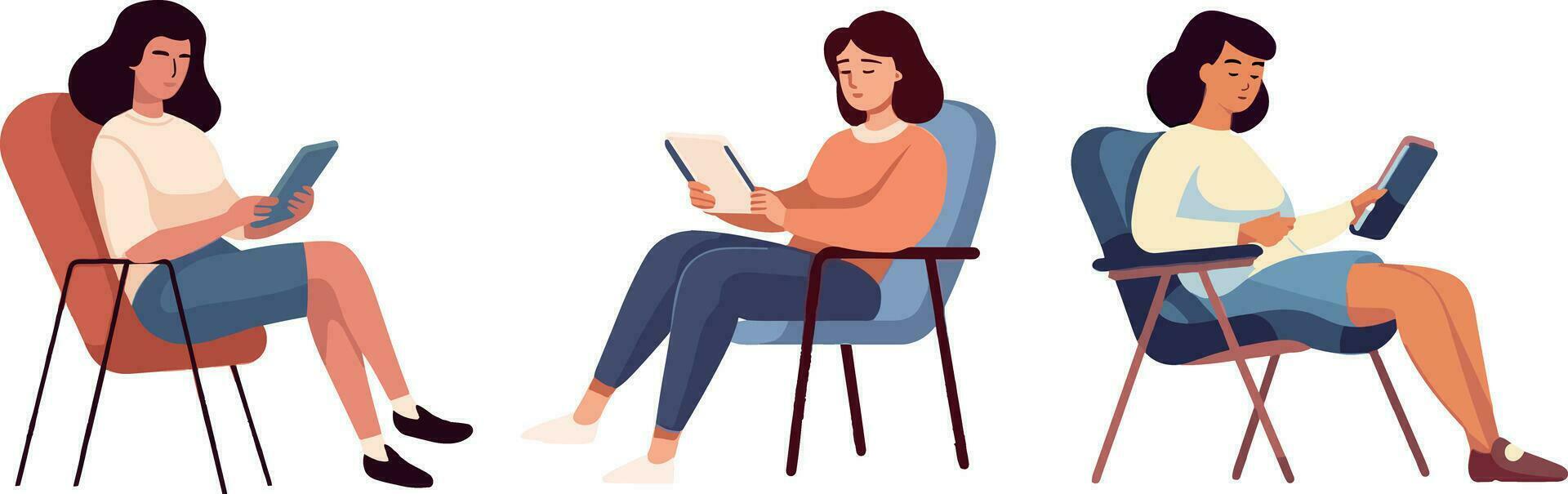 People sitting in armchairs, reading books and studying. Vector illustration in flat style