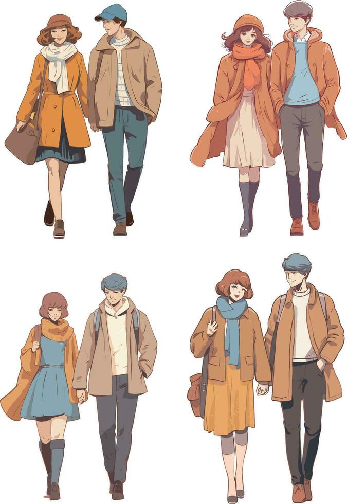 Vector set of young people in winter clothes. Men and women in coats, hats and scarfs.