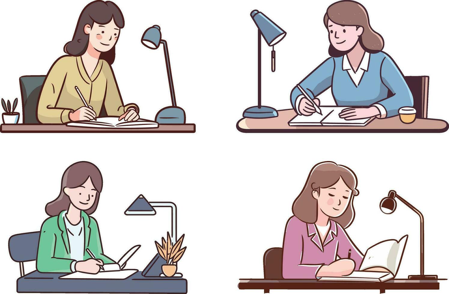 vector office woman is sitting at her desk and learning hard