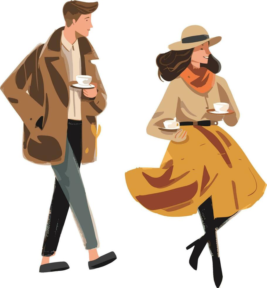 Vector illustration of a couple in love drinking coffee in autumn clothes.