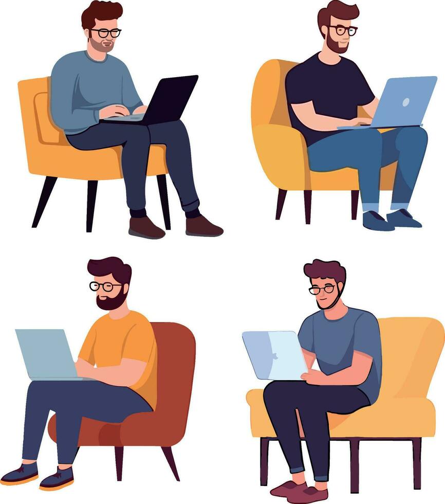 Set of people working at home. Freelance and remote work. Freelancer, freelancer, student, freelance vector