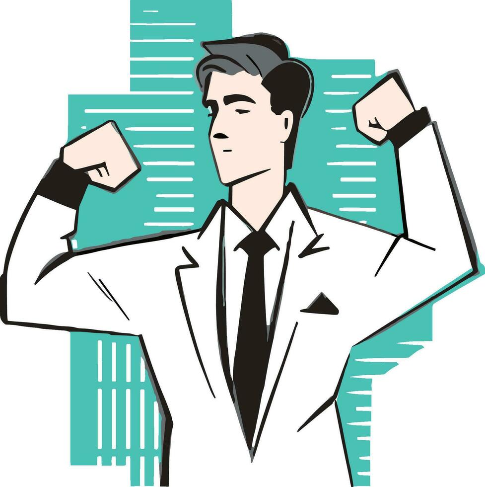 Illustration of a male scientist with arms raised flexing biceps looking to the side set on isolated vector