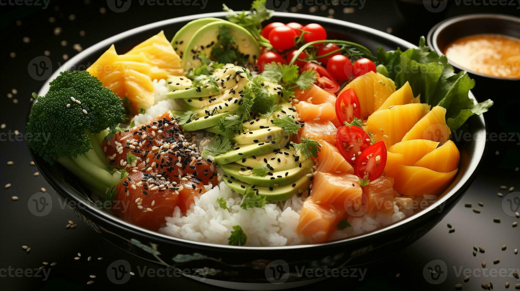 Large plate of sliced salmon, avocado, fruit and greens. Delicious Asian cuisine, keto diet, AI Generated photo